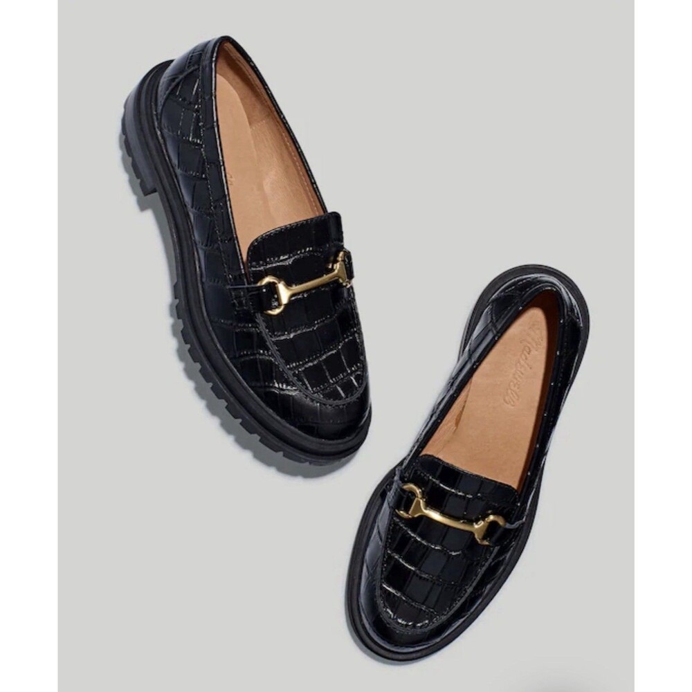 Madewell The Bradley Hardware Lugsole Loafer | 7.5-8 Croc Black Embossed Leather